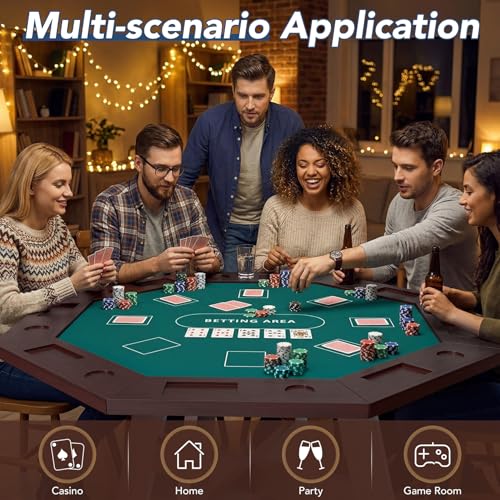 Octagonal Solid Wood Poker Table, 60 Inch 8-Player Casino Style Game Table with Built-in Cup Holders & Felt Playing Surface, Heavy-Duty for Home Game Room, Party & Entertainment