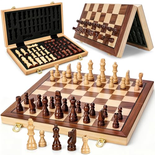 Magnetic Wooden Chess Set for Adults Kids, 15" Folding Chess Boards with 2 Extra Queens, Portable Travel Chess Sets with Pieces Storage Slots, Beginner Chess Game Set for Kids, Adults