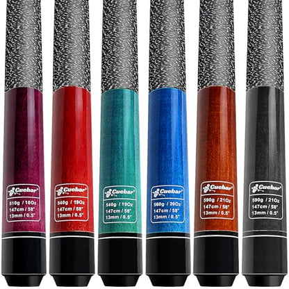 Pool Cues Set of 6, 58" 2-Piece Billiard Stick with Linen Grip & 13mm Tip, Pro Maple Cues in 4 Weights (18-21oz) for Home Bar - color: Purple+Red+Teal+Blue+Brown+Black