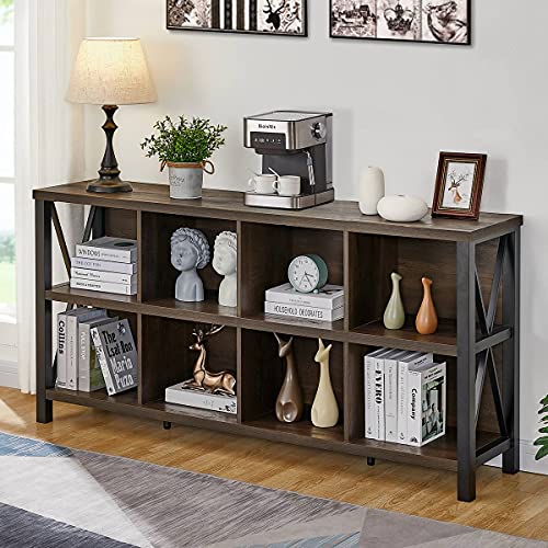 FATORRI 8 Cube Storage Organizer Bookshelf, 62 Inch Rustic Wood Horizontal Bookcase, Industrial Cube Long Book Shelf for Living Room, Home Office (Walnut Brown) - color: Walnut Brown