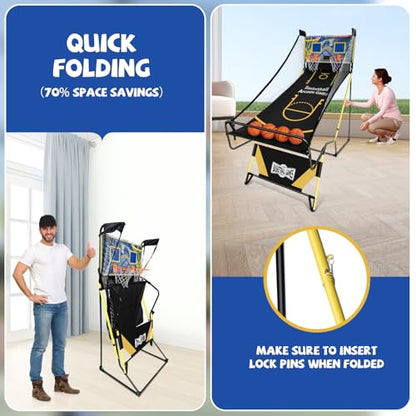 Small Arcade Basketball Game,Foldable Indoor Dual Basketball Scoring System with Sound Effects,Pump and Dual HoopsGame Modes for Family Game