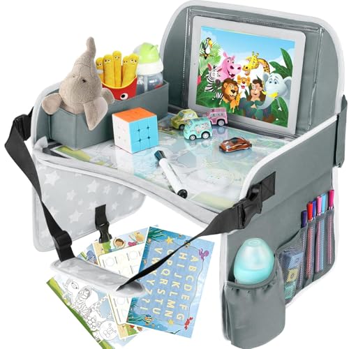 MENZOKE Kids Travel Tray for Toddler Car Seat, Toddler Gift for Boy Activities with Dry Erase Board & iPad Holder Stand, Road Trip Essentials Accessories Lap Tray for Boy as Birthday Gift, Grey - color: StarGrey