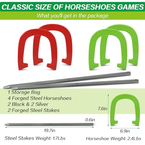 Horseshoes Outside Game - Steel Horseshoe Set - Yard Game Kit with 4 Heavy Duty Horseshoes, 2 Solid 24" Stakes & Carrying Bag - Classic Lawn Games for Adults, Backyard, Camping