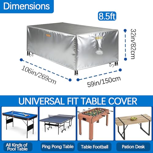 Waterproof Billiard Table Cover 6/6.5/7/7.5/8/8.5/9/10/12ft with Air Vents Handles Pool Table Covers Full Cover 600D Heavy-Duty Protection for Snooker Tables Covers,Silver,8.5FT(106"×59"×32") - color: Silver, size: 8.5FT(106"×59"×32")