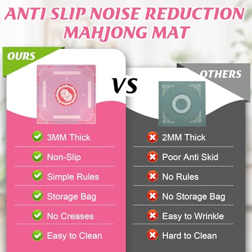 Mahjong Mat with Rules for Table, American Mahjong Table Mats Multi Purpose Anti Slip Noise Reduction Game Table Cover for Poker Card Dominoes Board Tile Games (Pink)