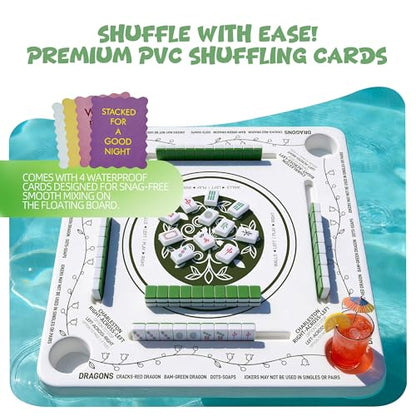 Floating Mahjong Table for Pool with 4 Cup Holders, 31.5" Pool Mahjong Set, Double-Sided Game Table for Hot Tub, Beach Party, Includes 4 Shuffle Cards - color: Green Printed F