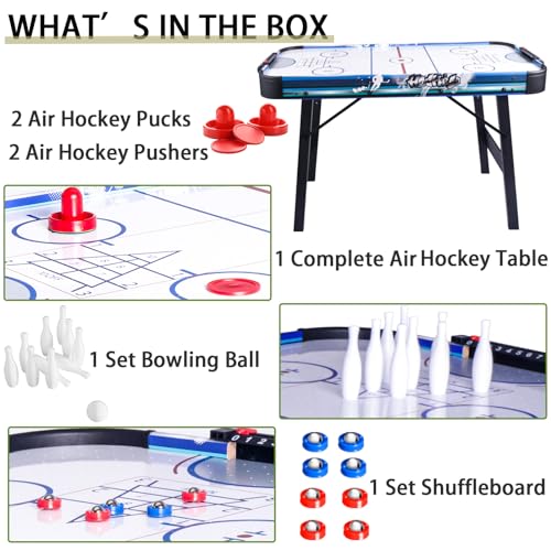 Air Hockey Table Upgrade HLC Foldable 4ft Multi Powered Hockey Game Table with Air Hockey, Shuffleboard,Bowling,48 inch Indoor Electric Hockey Table Powerful 12V Motor
