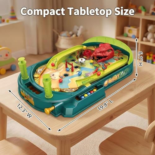 Dino Pinball Machine — Tabletop Arcade Game with Obstacles, Pull-Rod Launcher, Flippers, Dinosaur Targets & Scoring Zones, 1-2 Player Mini Pinball for Kids Ages 3+ - style: Dino Pinball