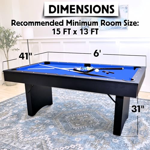 Freetime Fun 6 FT Pool Table, No Assembly, Portable, Includes Billiard Tables Accessories- 2 Pool Cues, Set of Balls, Triangle, Pool Table Brush, Chalk - color: Blue Felt