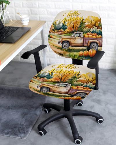 Savannan Office Chair Cover, Vintage Farm Truck Pumpkins Protective Stretch Elastic Universal Cover for Desk Task Chair,Computer Rotating Chair 1 Pcs Hello Autumn on Linen