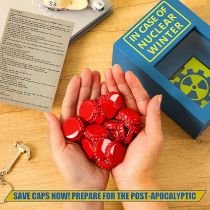 Nuclear Winter Bottle Cap Stash Box, 30 Red Caps Gag Gifts for Men | Post Apocalyptic Caps Saving Piggy Bank w/ Mini Hammer & Letter, Retro Blue Yellow Wood Decor for Wasteland Game Fans Adults - style: Nuclear Winter Emergency Box