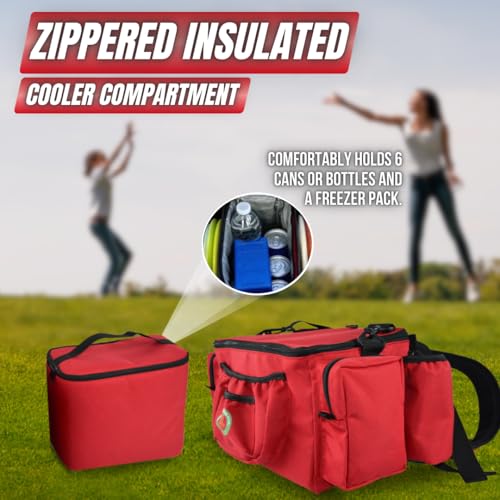 Disc Golf Bag with Removeable Cooler,13 Disc Capacity with Insulated Cooler for a 6-Pack,22 disc max,Adjustable Backpack Strap Included - color: RED