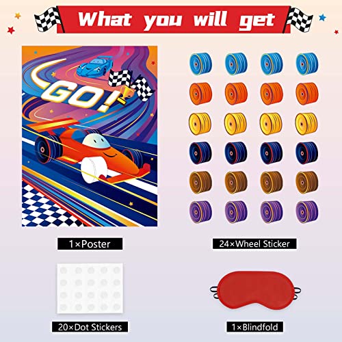 WERNNSAI Pin The Wheels on The Car Games - Car Birthday Party Supplies Race Cars Party Games Poster with 24 Pcs Stickers for Kids Boys Baby Shower Classroom Activities - style: Racing Car