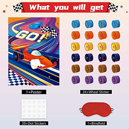 WERNNSAI Pin The Wheels on The Car Games - Car Birthday Party Supplies Race Cars Party Games Poster with 24 Pcs Stickers for Kids Boys Baby Shower Classroom Activities - style: Racing Car