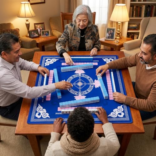 Mahjong Mat with Rules 31.5"x31.5" with Dice,2026 Mah jongg Card & Bag,Blue | Non-slip Noise-reducing Travel Game Night Christmas Mother’s Day Gift for Mahjong Lovers Family Gathering Poker Dominoes Mat - color: Blue