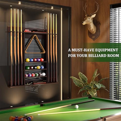 Wall Mounted Pool Cue Rack, Bamboo Billiards Sticks Holder for 8 Cue Sticks, Organizes Full Set of Balls and Pool Table Accessories, Dark Brown - color: Dark Brown