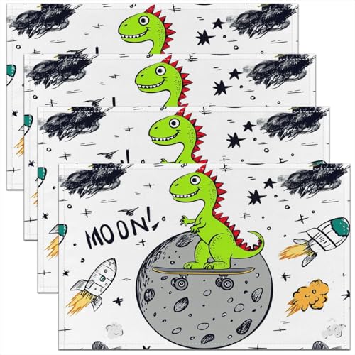 Erosebridal Set of 4 Dinosaur Placemats 12X18 Inch,Cartoon Jungle Animals Waterproof Placemats for Youth Teens Kids Boys,Stars Moon Missile Clouds Place Mats for Dining Patio Table Kitchen Decor - color: Fluorescent Green White Grey