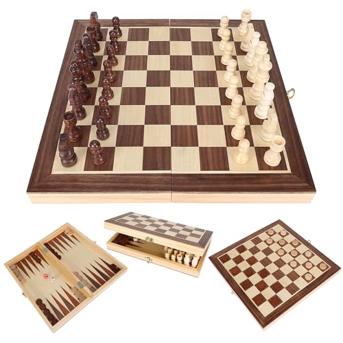 Offelec 3-in-1 Folding Chess Board Set, Wooden Chess Checkers and Backgammon Game Set for Adults Kids & Family, Portable Travel Board with Game Pieces Storage | Classic Strategy Board Games - color: 3-in-1 Folding Board Set