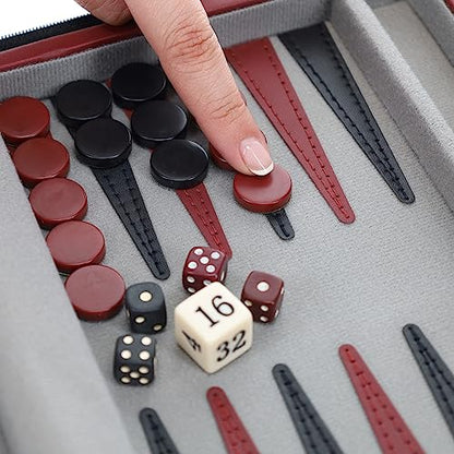 WE Games Backgammon Set, Board Games for Adults - Travel Games - Magnetic with Burgundy Leatherette Backgammon Board and Carrying Strap - Travel Backgammon Sets for Adults - color: Burgundy