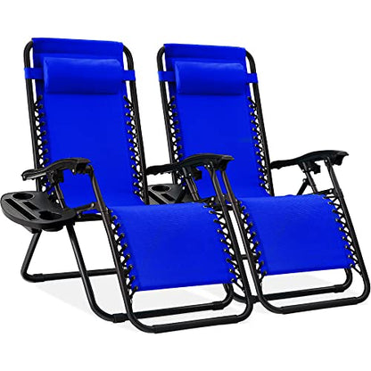 Best Choice Products Set of 2 Adjustable Steel Mesh Zero Gravity Lounge Chair Recliners w/Pillows and Cup Holder Trays - Cobalt Blue - color: Cobalt Blue, size: Standard