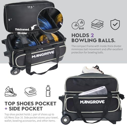 Mangrove 2 Ball Bowling Bag with Wheels, Double Bowling Bags 2 Ball Roller w/Separate Compartment for Bowling Shoes (Up To US Mens Size 15), Accessory Pocket & Retractable Handle Extends To 40"