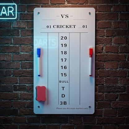 Hard Board Dry Erase Dart Scoreboard with Tempered Protective Film, 7.87x13.78 Inch Cricket & 01 Game Scoring Board with Markers & Eraser for Home, Game Room, Bar and Outdoor Use