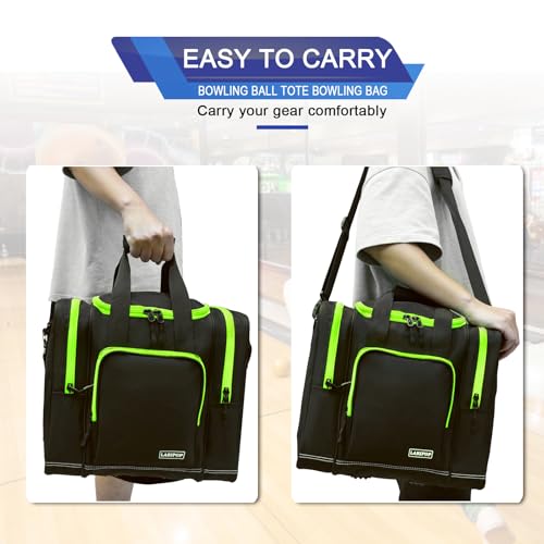 LARIPOP Bowling Ball Bag, Single Bowling Tote with Padded Ball Holder, Ventilated Shoe Pocket & Adjustable Shoulder Strap for Adult Bowlers Men Women - color: Black+Lemon Green
