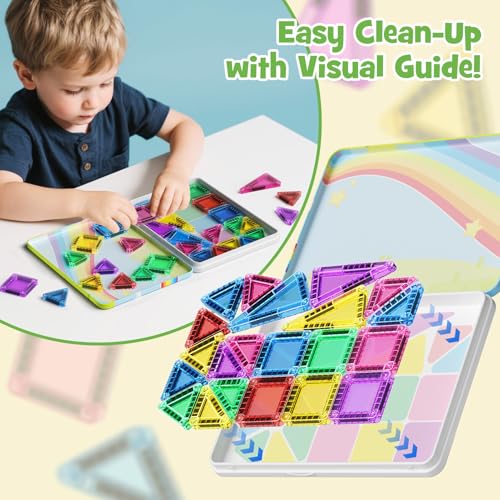 Magnetic Tiles Travel Toys for Kids 4-8, 42PCS Candy Color STEM Building Blocks with Visual Storage Guide & Metal Case, Airplane Activities & Toddler Travel Essentials Ages 3-5 - style: Magnetic Tiles Travel Construction Set - 42PCS
