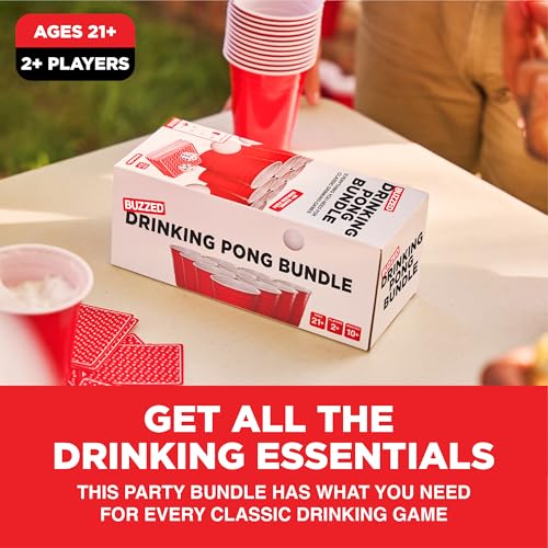 Buzzed Drinking Pong Bundle Kit – Bachelor Party Essentials for Drinking Games, Summer Party Activity for Adults, Outdoor & Poolside Fun, Includes Dice, Pong Balls, Cups & Cards for 10+ Ways to Play - style: Party Pong Bundle