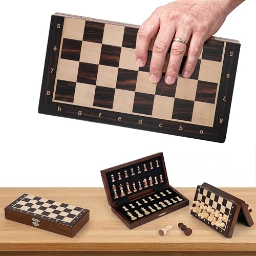 Rinten Chess Set with Magnetic Pieces - Handmade Wood Folding Chess Board, 12" Portable Travel Chess Set with 2 Extra Queens & Storage Slots, Premium Wooden Board Game Gift for Kids & Adults - color: Brown, size: 12 inch