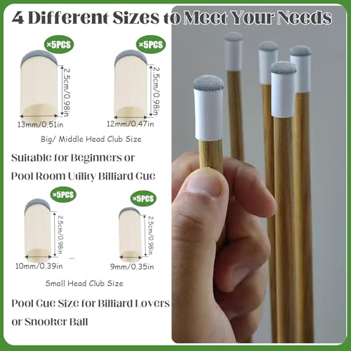 20pcs Slip On Pool Cue Tips, 4 Sizes Pool Queue Stick Tips Replacement Kit, Billiard Cue Sticks Tips Pool Cue Repair Kit Pool Table Accessories (9mm/ 10mm/ 12mm/ 13mm, Each Size 5pcs)