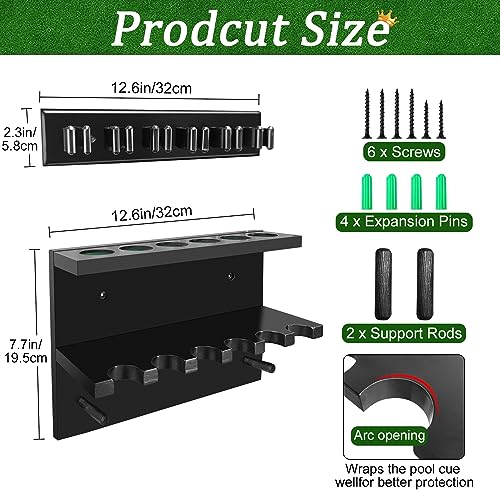 Pool Cue Rack Stick Holder, Billiards Pool Cue Rack Wall Mount Hardwood Pool Cue Set Holder for 6 Cues Sticks Storage Pool Table Accessories Equipment Organizer for Game Room Club (Black) - style: Black-W