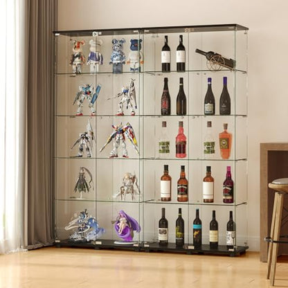 Glass Display Cabinet with 5-Shelf Double Doors and Lock, 5mm Tempered Glass Floor Standing Bookshelf for Living Room, Bedroom, Office, 72 x 32 x 14 in, Black - size: 72 x 32 x 14 in -5-Tier