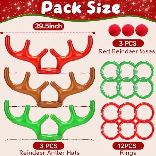 18 Pcs 3 Set Inflatable Reindeer Antler Ring Toss Christmas Party Games Kids Family Toys Stock Stuffer Christmas Activities Decorations Carnival Supplies Gifts Grandkids- 3 Antlers 12 Rings 3 Red Nose