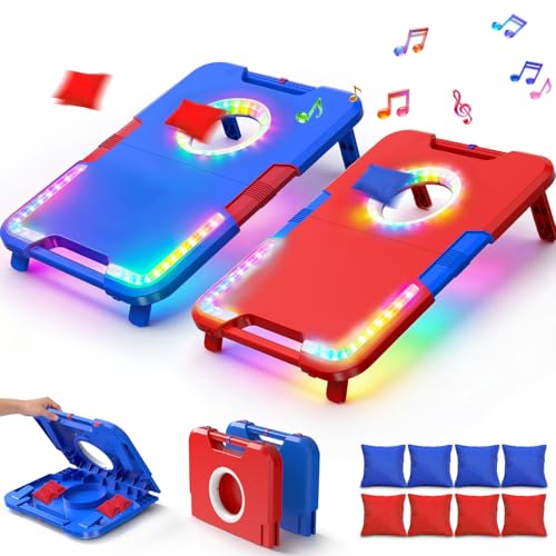 TERRAMUS Light-Up Cornhole Board Set, Corn hole Sets with Sound Effects, 2 Foldable Boards & 8 Bean Bags, Portable Outdoor Toss game, Backyard Party Camping Toys Gifts for Kids,Teens,Family,Ages 6-12+