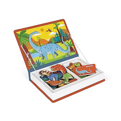 Janod - Magnetibook 51 pc Magnetic Dinosaur Mix and Match Game - Ages 3+ - Playing Dress-Up with Magnets - Enhances Fine Motor Skills - Includes Book Shaped Travel/Storage Case
