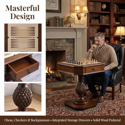 Chess Table, Reversible Chess Checker Game Table with 2 Drawers for Family Entertainment Room, 3-in-1 Square Game Tray for Chess Checker Backgammon, Deep Cherrywood - size: 28''-Chess Table Deep Cherry