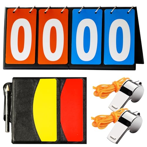10Pcs Soccer Referee Kit Contain 4-Digital Portable Table Top Scoreboard Flipper, Stainless Steel Sports Whistles, Red Yellow Cards with Notebook for Football Soccer
