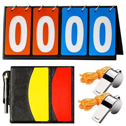 10Pcs Soccer Referee Kit Contain 4-Digital Portable Table Top Scoreboard Flipper, Stainless Steel Sports Whistles, Red Yellow Cards with Notebook for Football Soccer