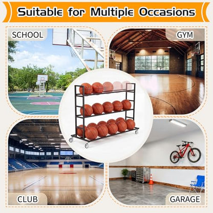 Colingmill Heavy Duty Basketball Rack with Wheels, Multi-Tier Rolling Ball Storage Cart, Sports Equipment Organizer for School, Gym, Club Shoot Training - size: 20ball