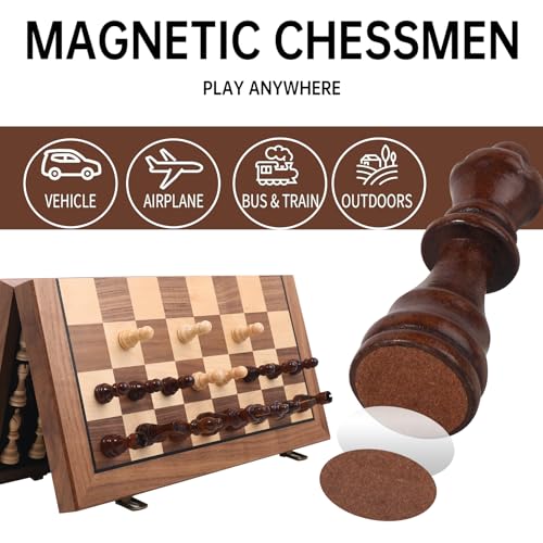 Ajedrez Magnetic Wooden Chess Set, 15" Walnut Folding Chess Board with Handcrafted Pieces 2 Extra Queens, Portable Travel Chess Board Game for Adults Kids, Gift Box & Storage Bag - color: Blue