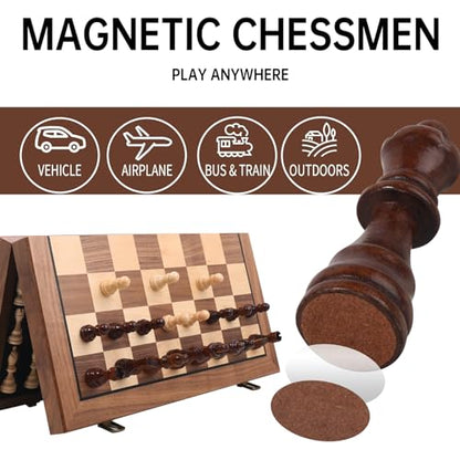 Ajedrez Magnetic Wooden Chess Set, 15" Walnut Folding Chess Board with Handcrafted Pieces 2 Extra Queens, Portable Travel Chess Board Game for Adults Kids, Gift Box & Storage Bag - color: Blue