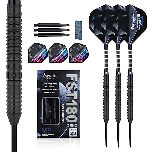 Formula Sports 90% Tungsten Darts Metal Tip Set - Professional Steel Tip Darts Set 21g/22g/23g/24g, with Aluminum Shafts, Tungsten Barrels, Dart Sharpener, Extra Flights - color: black, size: 22g