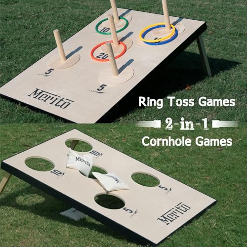 Merito 2-in-1 Outdoor Games, Cornhole Board Set & Ring Toss Game, Perfect Reinvented Bean Bag Toss Games for Backyard, Beach, Camping and Party
