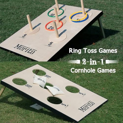 Merito 2-in-1 Outdoor Games, Cornhole Board Set & Ring Toss Game, Perfect Reinvented Bean Bag Toss Games for Backyard, Beach, Camping and Party
