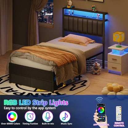 Furnulem Twin Bed Frames with Charging Station and LED Lights, Grey Upholstered Headboard with Shelves, Metal Platform Bed with 2 Under-Bed Storage (Fabric Drawer on Wheels), No Box Spring Needed - size: Twin