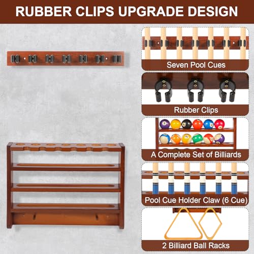 Pool Stick Holder - 7 Pool Cue Rack Wall Mount With Cue Rest and Ball holder, Wooden Pool Table Accessories Equipment Organizer, Billiard Cue Racks for Game Room Men Cave- Brown - color: Brown