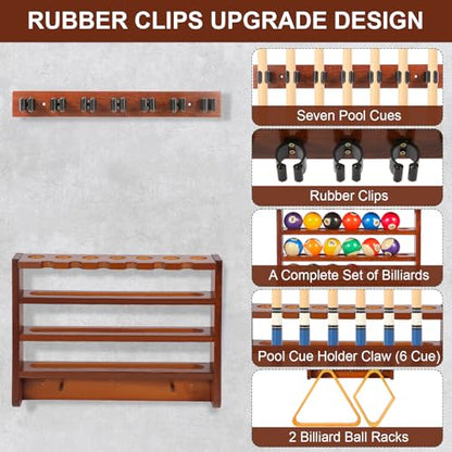 Pool Stick Holder - 7 Pool Cue Rack Wall Mount With Cue Rest and Ball holder, Wooden Pool Table Accessories Equipment Organizer, Billiard Cue Racks for Game Room Men Cave- Brown - color: Brown