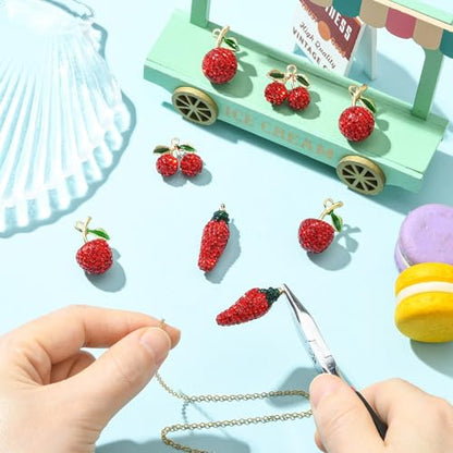 Stiesy Polymer Clay Rhinestone Fruit Charms 8Pcs, 4 Styles Golden Tone Red Crystal Beads Charms, 3D Cherry Apple Chili Pepper Pendants for Jewelry Making, DIY Bracelet Necklace Crafts - color: Red Fruit-4 Styles-8pcs
