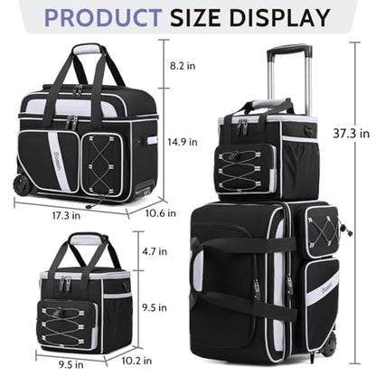BOSSTIN 3 Ball Bowling Bag with Wheels, 2 Ball Bowling Bags Double roller with 1 Ball Add On Bag, Multi-Pockets & Shoe Compartment (Fits Up to Size 15) - color: Black
